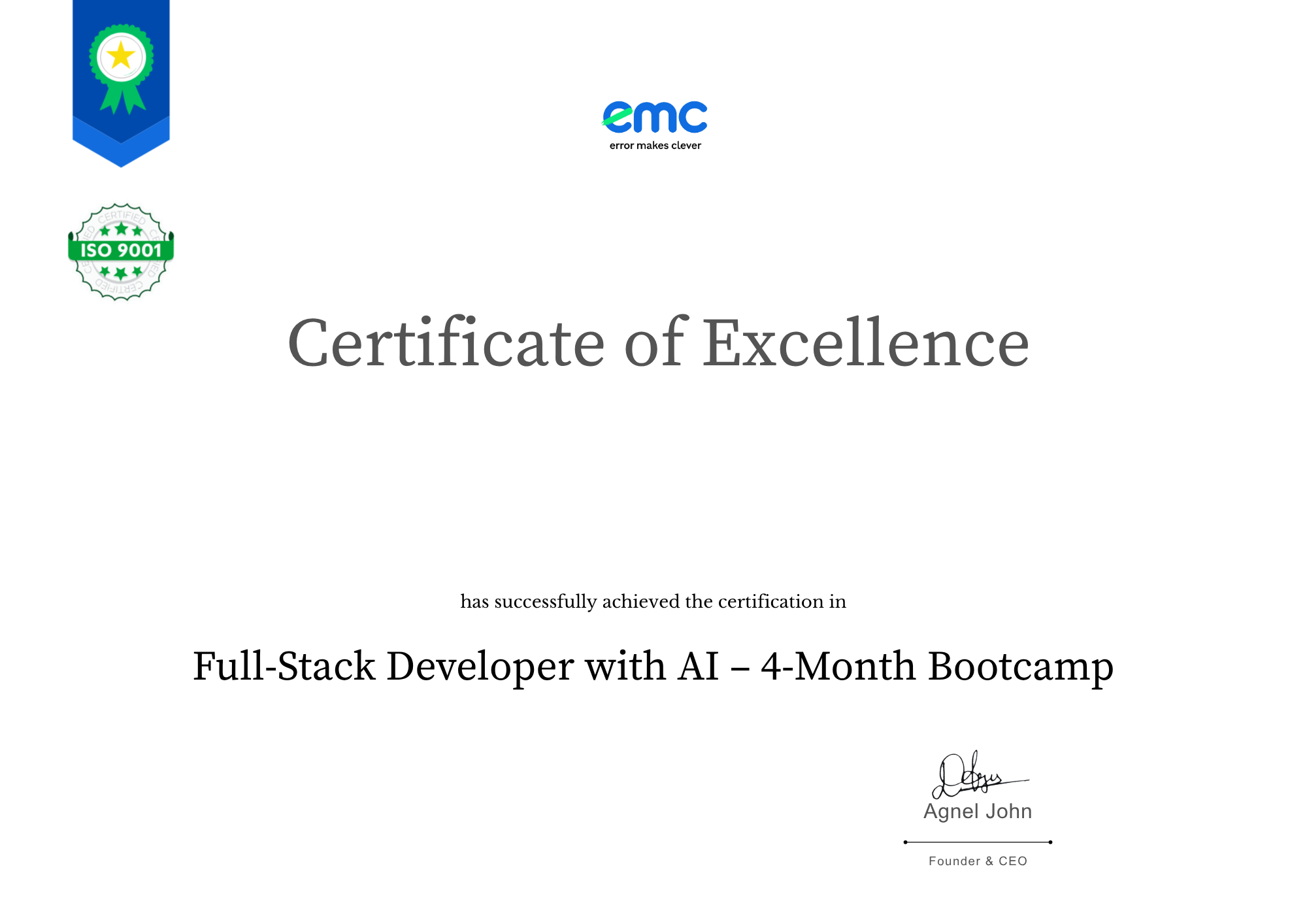 Certificate of Excellence awarded by Error Makes Clever